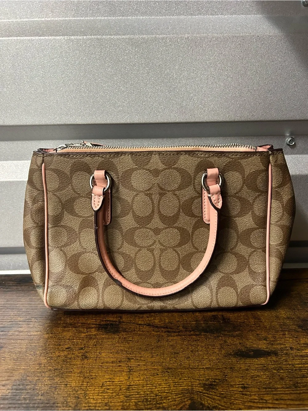 Coach Signature Logo Satchel Top Handle Zip Detachable Strap Brown Pink